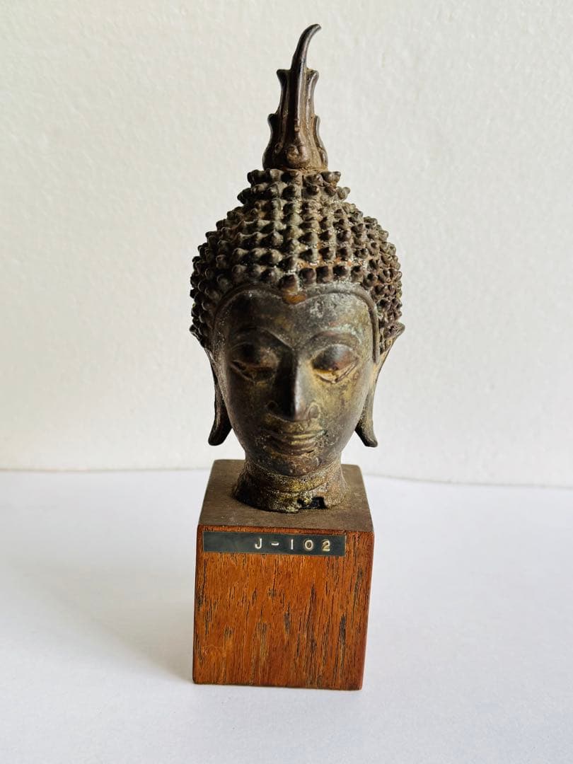 【希少】タイ　スコタイ　14世紀　ブロンズ像　タイ仏像　仏頭像　証明書付き タイ/スコータイ朝/仏像/樹脂/仏/ヴィンテージ/レア/古道具/チェンマイ
