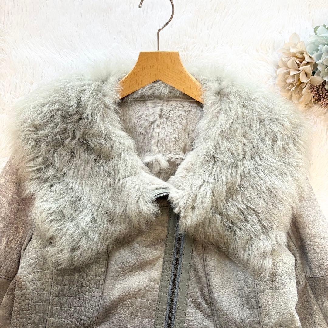 美品】ラムレザージャケット ラビットファー クロコ型押し グレー