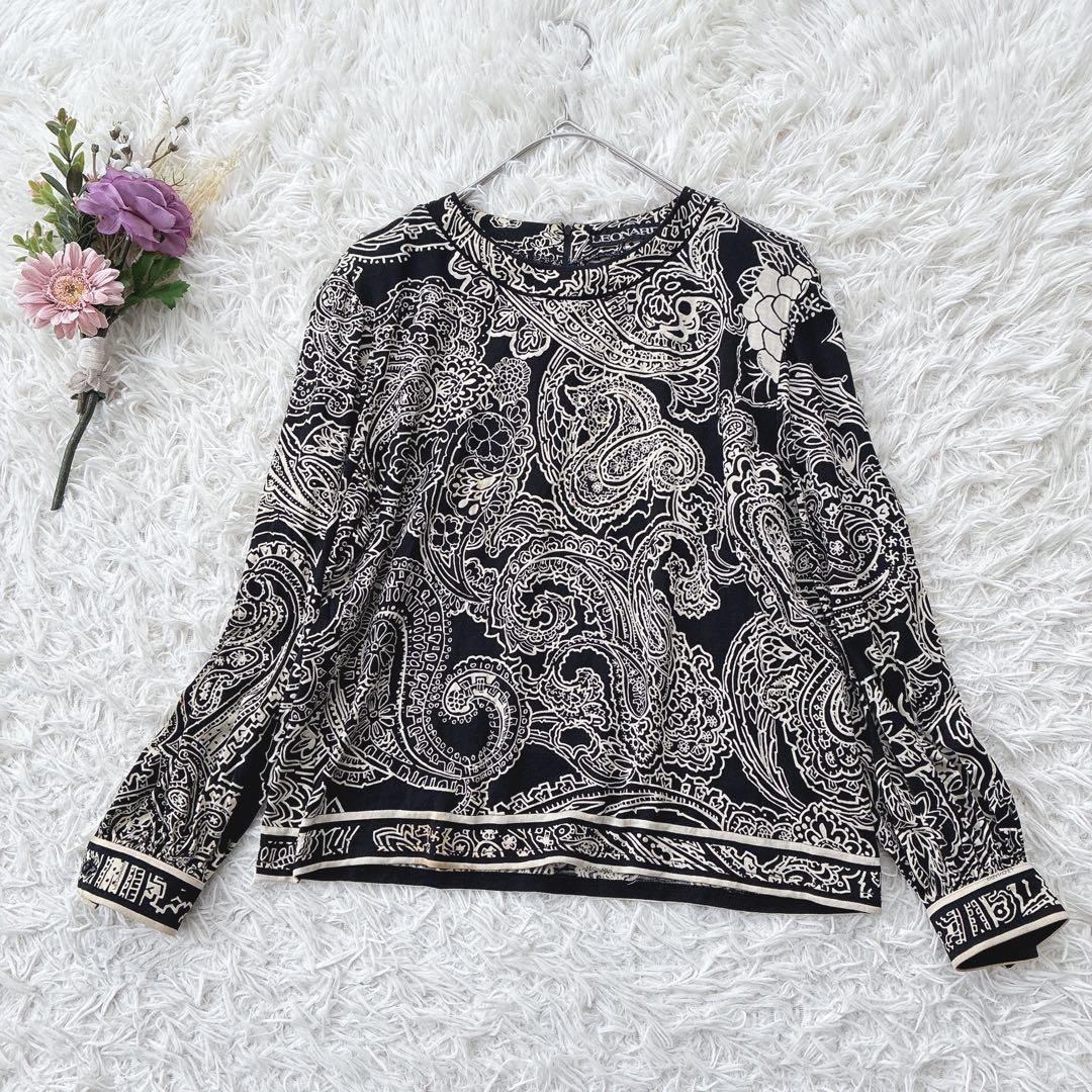 レオナール ウールシルク混 ペイズリー 長袖シャツ ブラウス トリム 黒