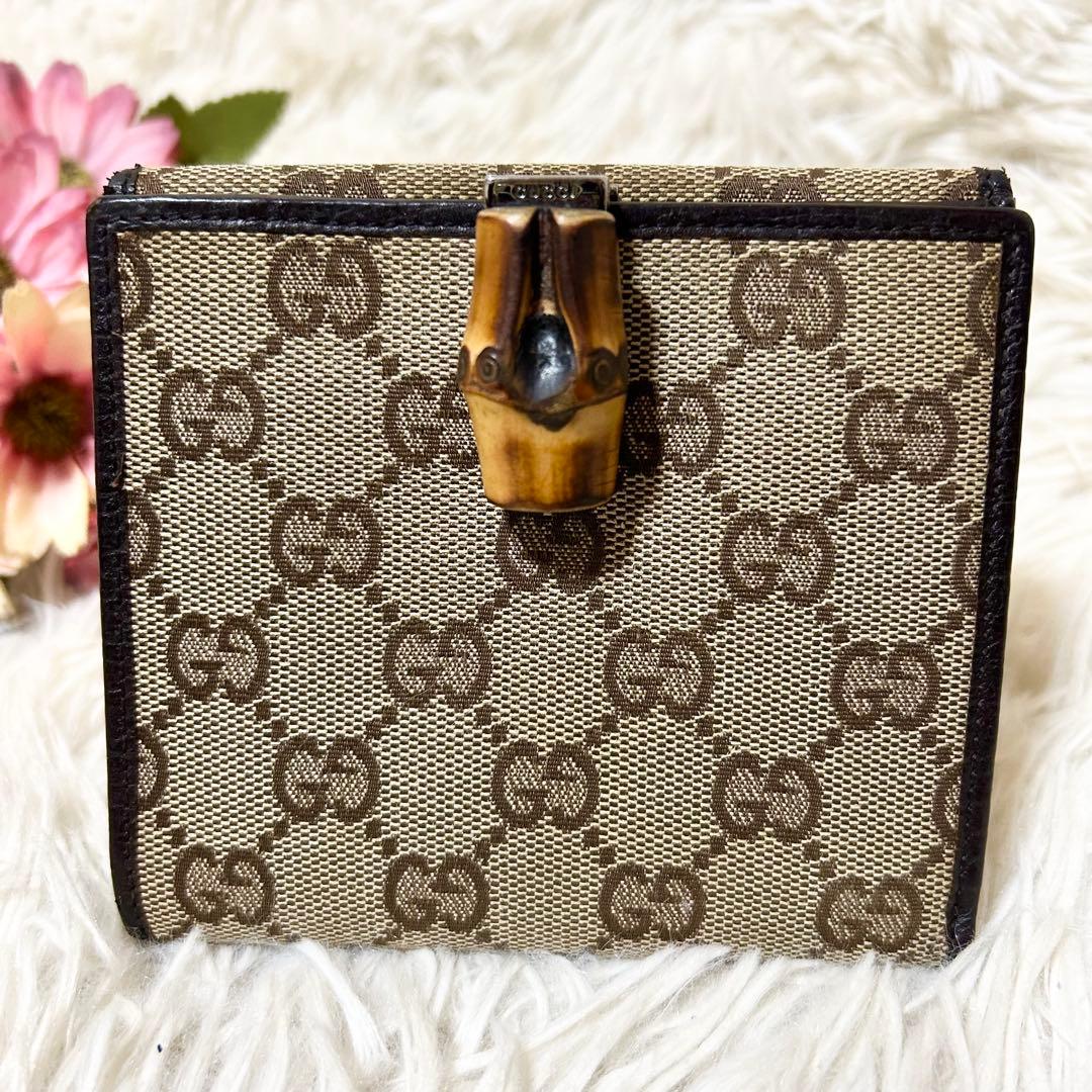 希少】GUCCI グッチ GG バンブー 2つ折り 財布 キャンバス ブラウン