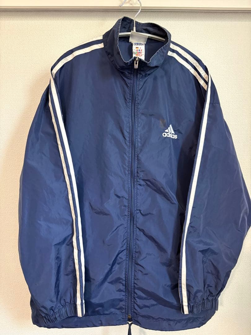 90s】adidas ネイビー ナイロンジャケット ストライプ - メルカリ