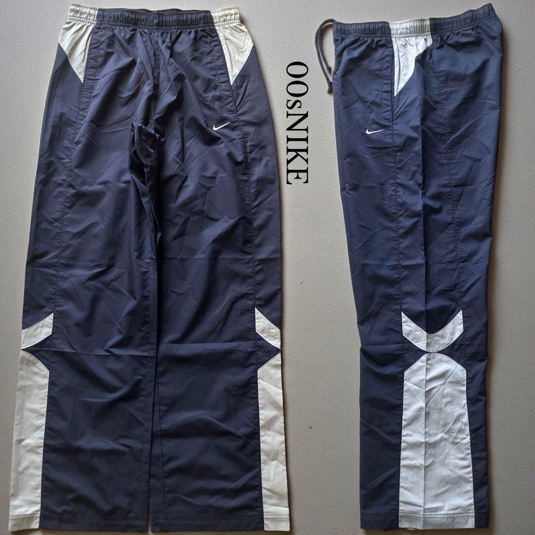 極太00s NIKE Lサイズ バギーナイロントラックパンツ ネイビー×グレー