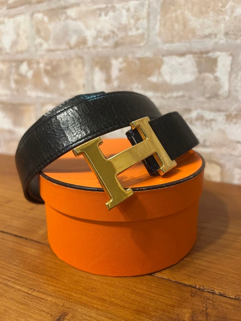 HERMES H型バックル ブラックレザーベルト オレンジボックス付き HERMES（エルメス） ベルト メンズ ブランド H バックル リバーシブル