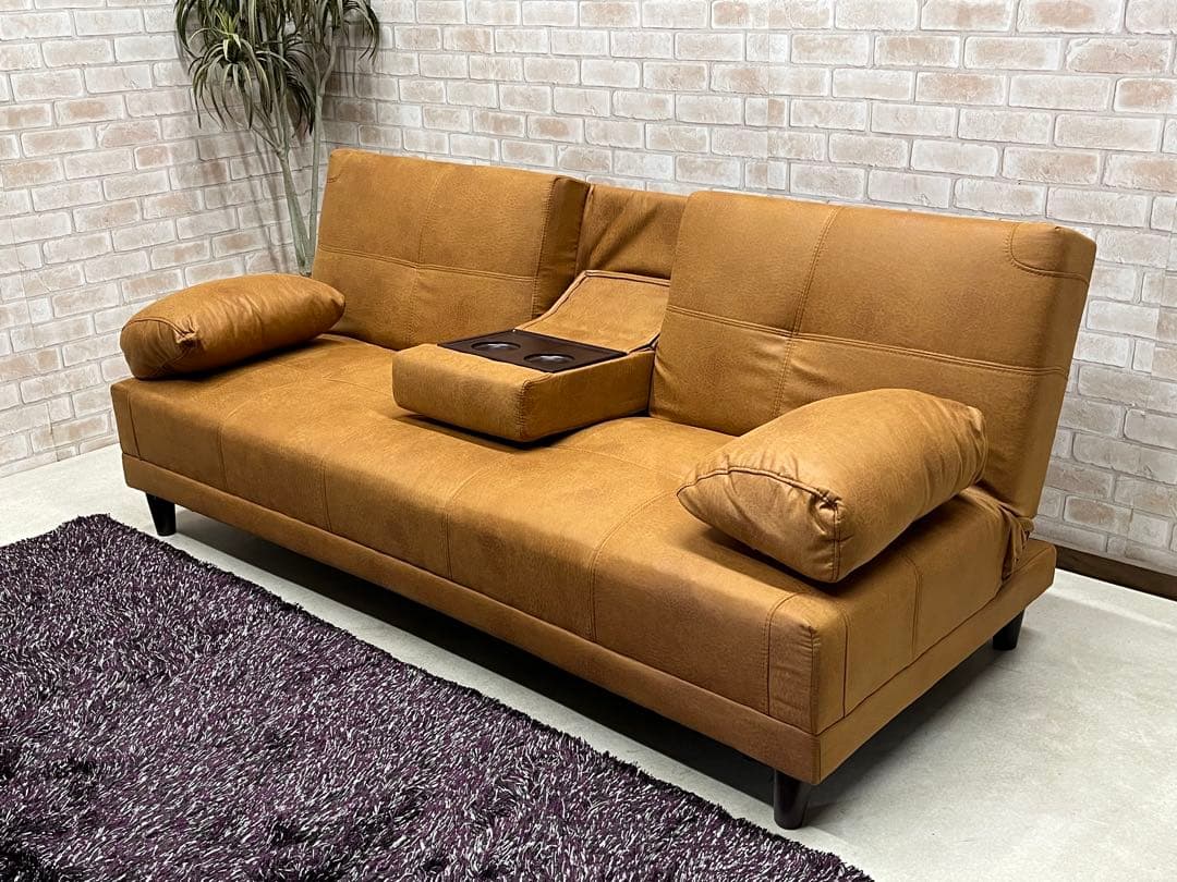 ソファーベッド キャメル 小テーブル付き レザーファブリック ソファ