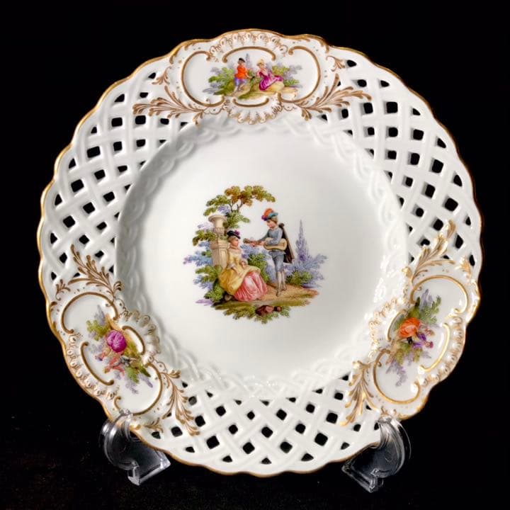 Meissen古マイセン/※美術館級 超レア1級品 ワトー上級4面絵付透かし皿E マイセン Meissen グリーンワトー 皿 プレート アンティーク 一級品