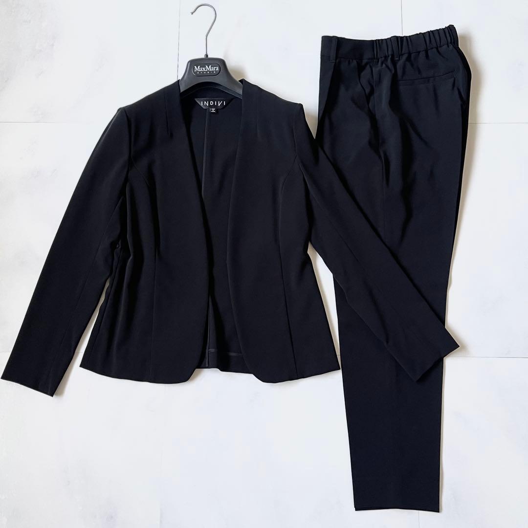 極美品 インディヴィ スーツ ノーカラージャケット パンツ セットアップ 黒 S INDIVI｜【洗える/UVケア/スーツ】ストレッチノーカラージャケット