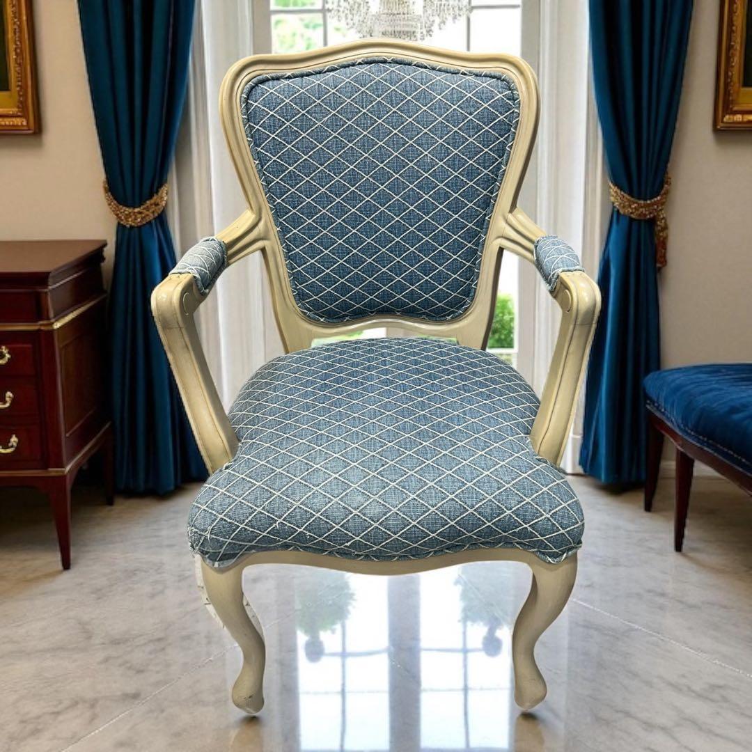 ✨超美品✨ロココ調アームチェア 猫脚 エレガントブルー アンティーク ロココ アームチェア アンティーク ダイニング レトロ 姫系 猫脚 PU