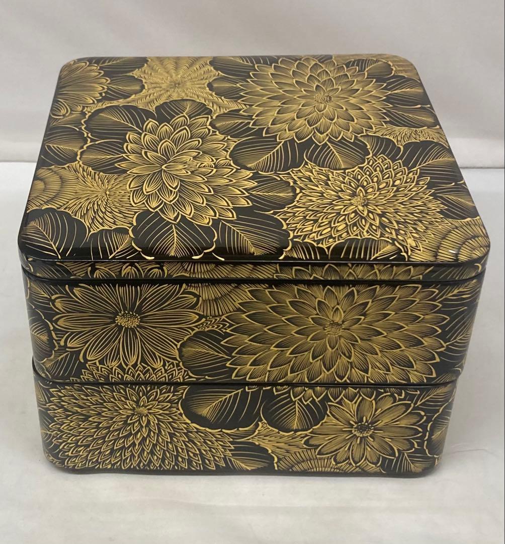 B519b「黒漆塗沈金菊尽 二段重箱」木製 輪島塗 紙箱 お節料理 - メルカリ