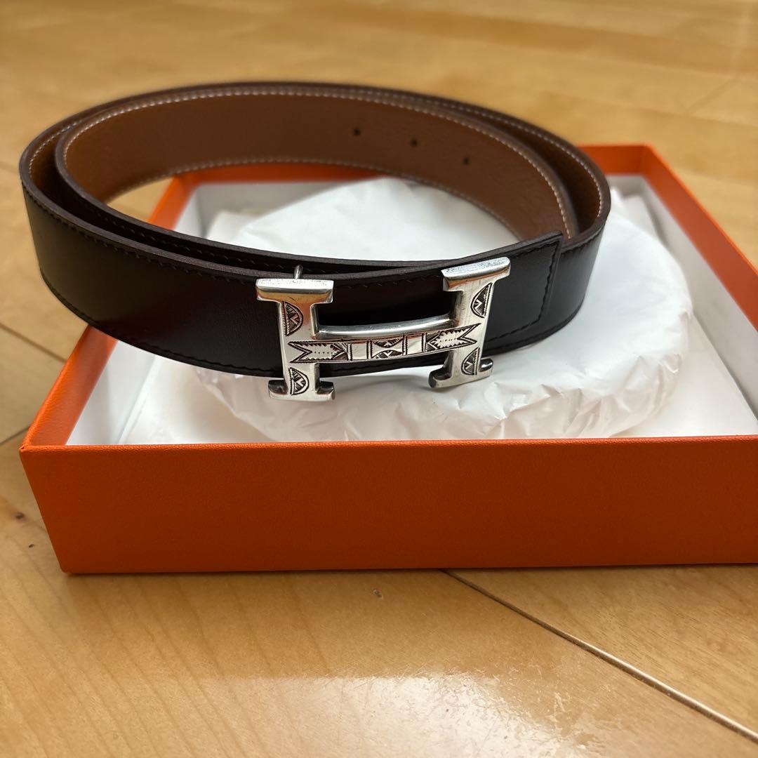 HERMES Hバックル ベルト ブラック シルバー金具 メンズ　トゥアレグ HERMES - HERMES エルメス トゥアレグ シルバー925 バックル レザー