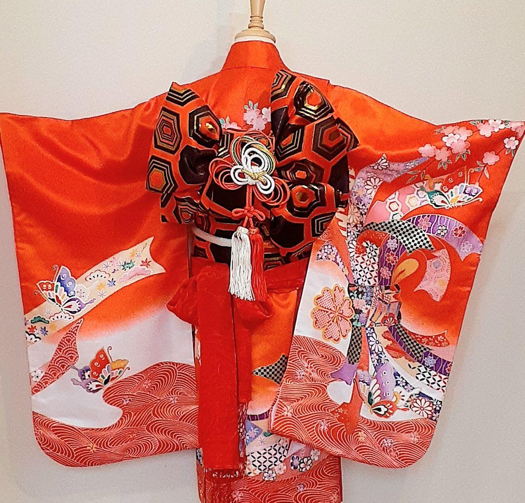 七五三 7歳 着物 結び帯セット 赤 12点フルセット 蝶☆女の子 化繊