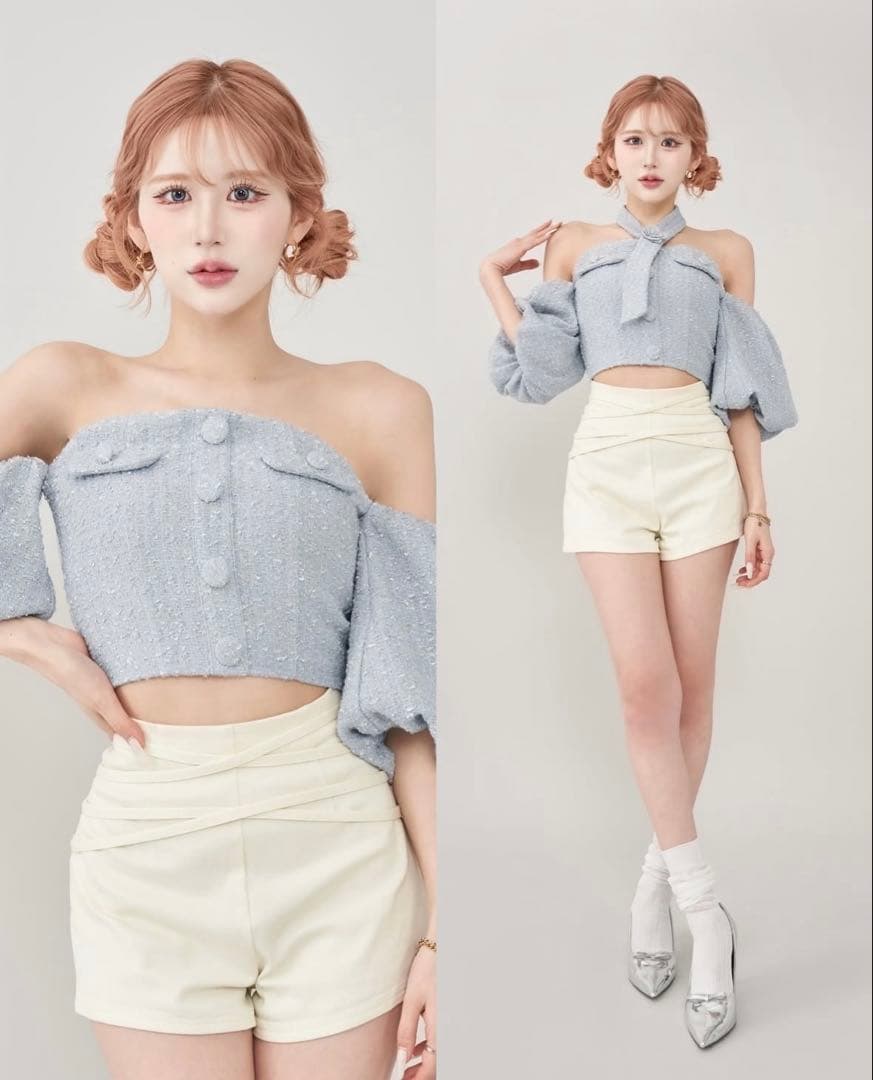 darich ホルターネックオフショルツイードトップス　SAX ダーリッチ ホルターネックオフショルツイードトップス – Darich (ダーリッチ)