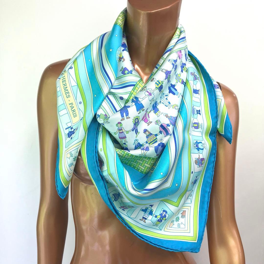 大人気☆エルメス☆スカーフ☆カレ90☆DONNER LA MAIN☆シルク☆青系