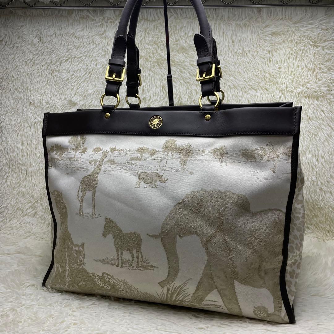 【美品】ハンティングワールド トートバッグ サファリ A4収納可 キャンバス 象 美品】ハンティングワールド トートバッグ サファリ A4収納可