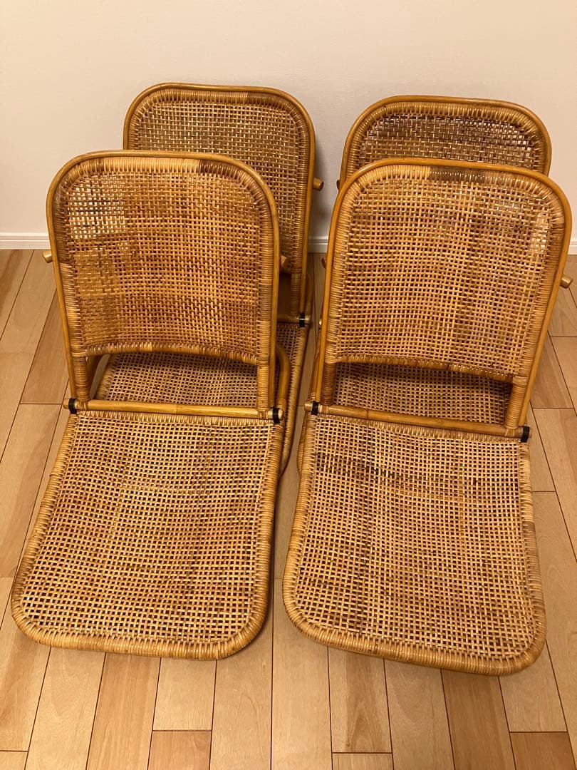 昭和レトロ ラタン 籐 座椅子 折りたたみ 4個セット 籐 ラタン 籐折りたたみ座椅子 （ 座いす 座椅子 折りたたみ