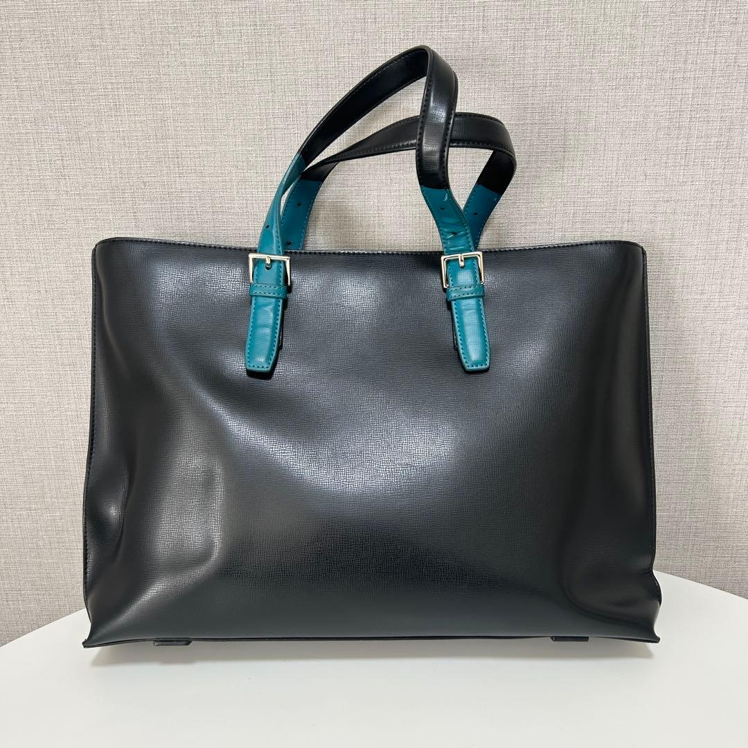 ポールスミス トートバッグ 黒×ターコイズ 本革 ビジネスバッグ A4収納