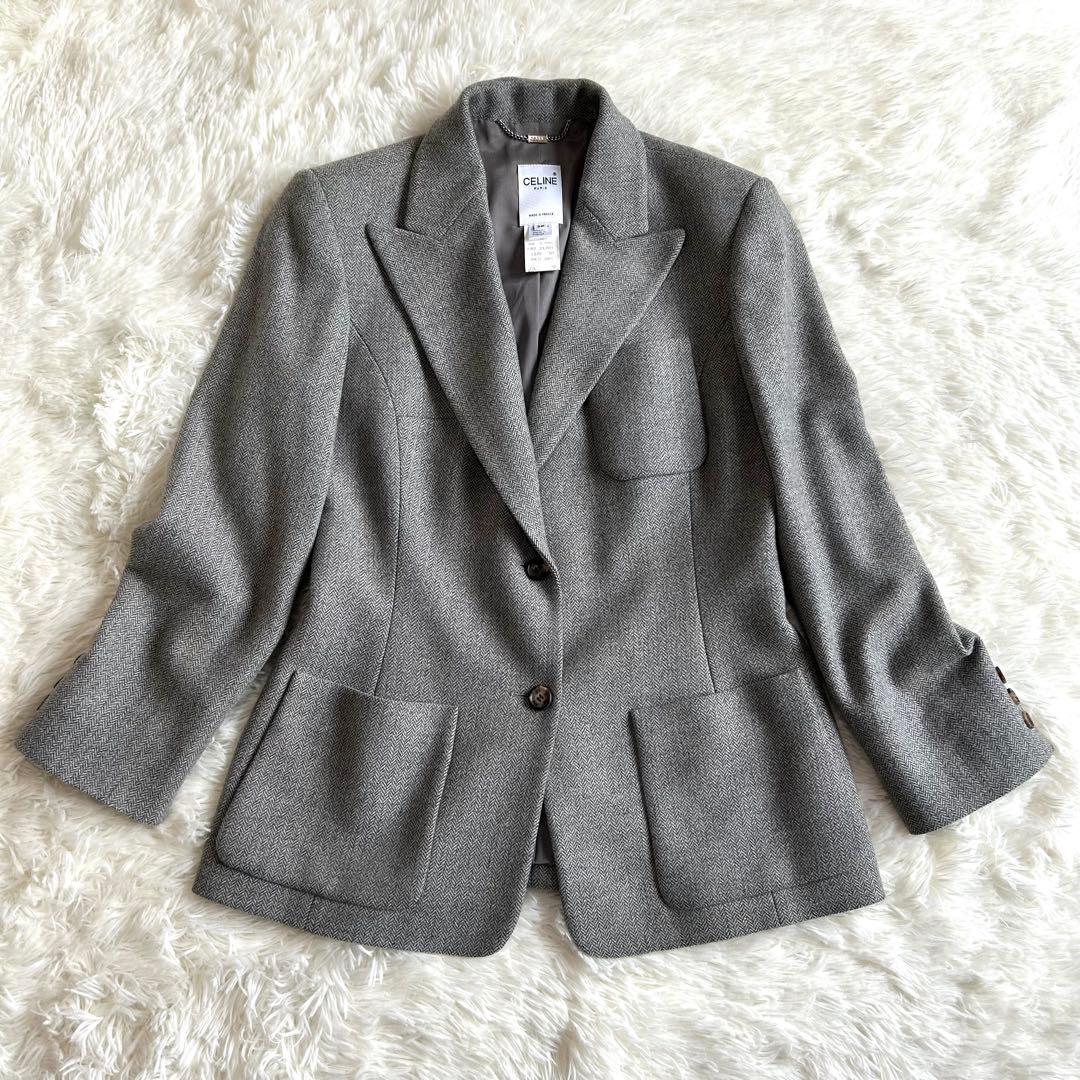 美品 CELINE テーラードジャケット 38 ヘリンボーン ツイード 中古・古着通販】CELINE (セリーヌ) ツイードジャケット ブラック
