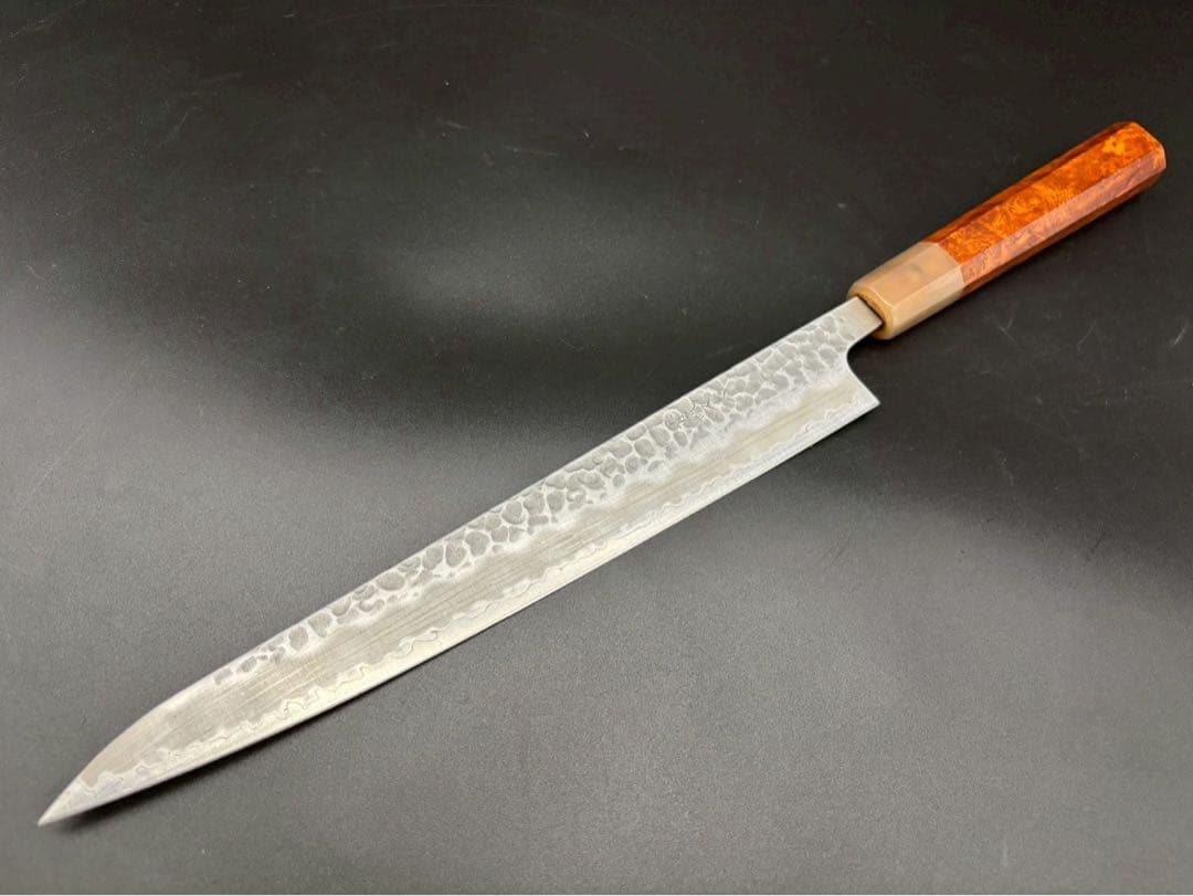 日本製 青紙スーパー鋼割り込み筋引き包丁240mm 花梨瘤八角柄 柳刃包丁