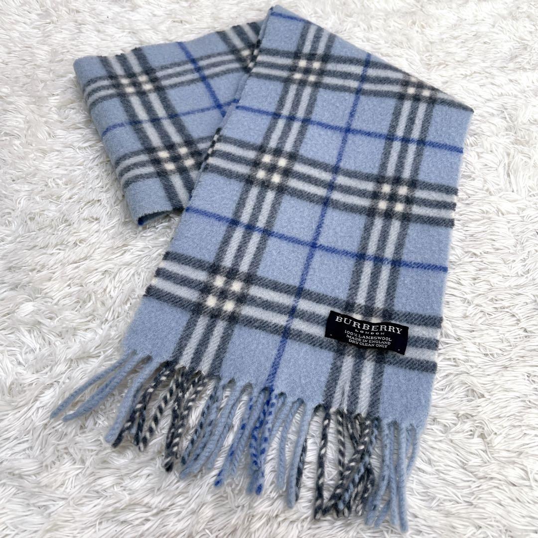 希少 激レア バーバリーロンドン ウール マフラー ノバチェック ブルー