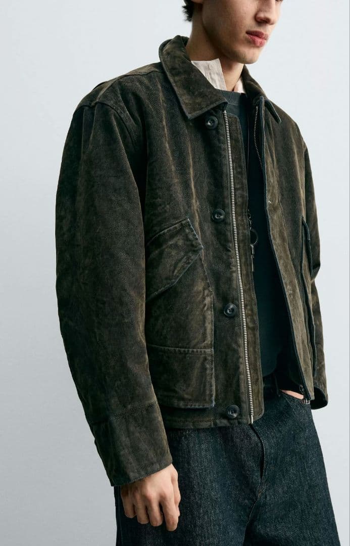 完売品 ZARA ベロアツイルジャケット XL ダークグリーン 新品 未使用