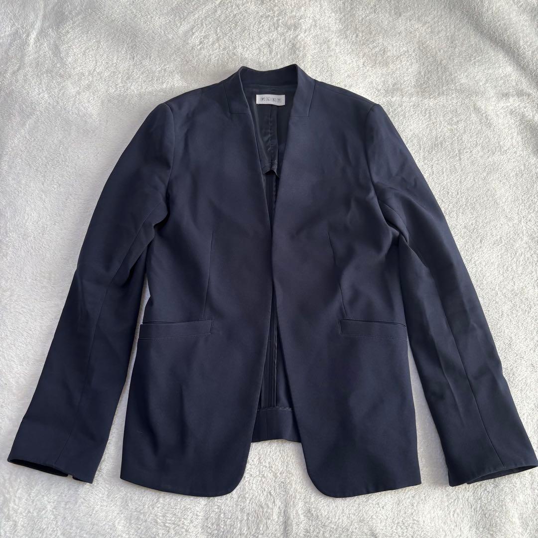 PLST プラステ パンツスーツ ノーカラー ネイビー L 伸縮性 紺色