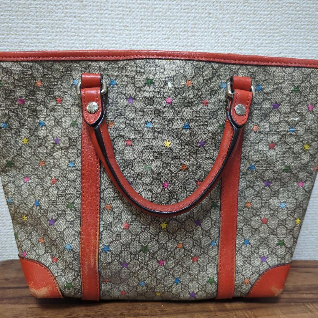 Gucci 星柄 ハンドバッグ ベージュ オレンジ GGキャンバス グッチ トートバッグ バケツ形 レザー ベージュ×オレンジ
