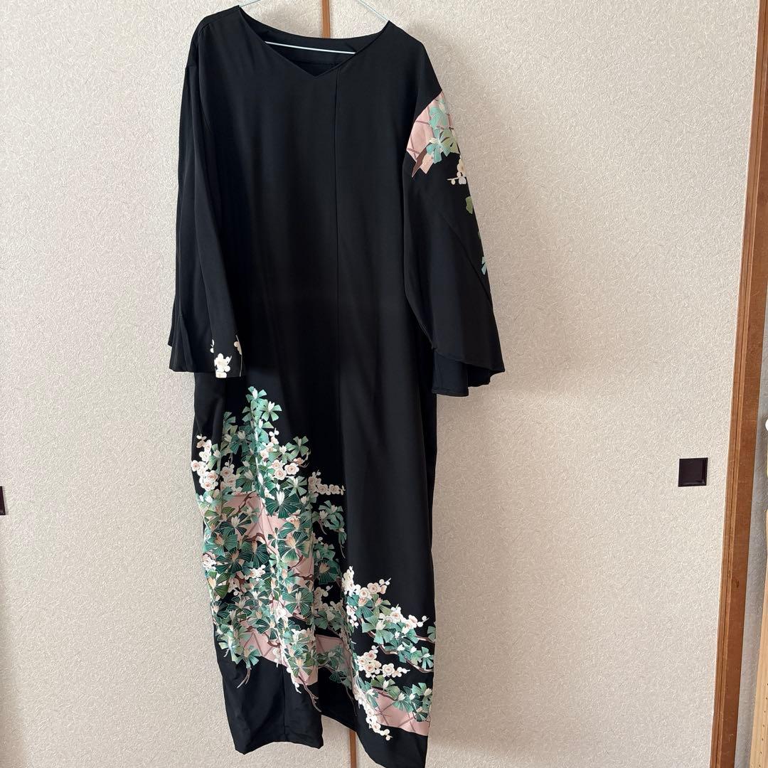 黒留袖 ワンピース 4L 作家物 手描き友禅 V襟 フレア袖 正絹 着物