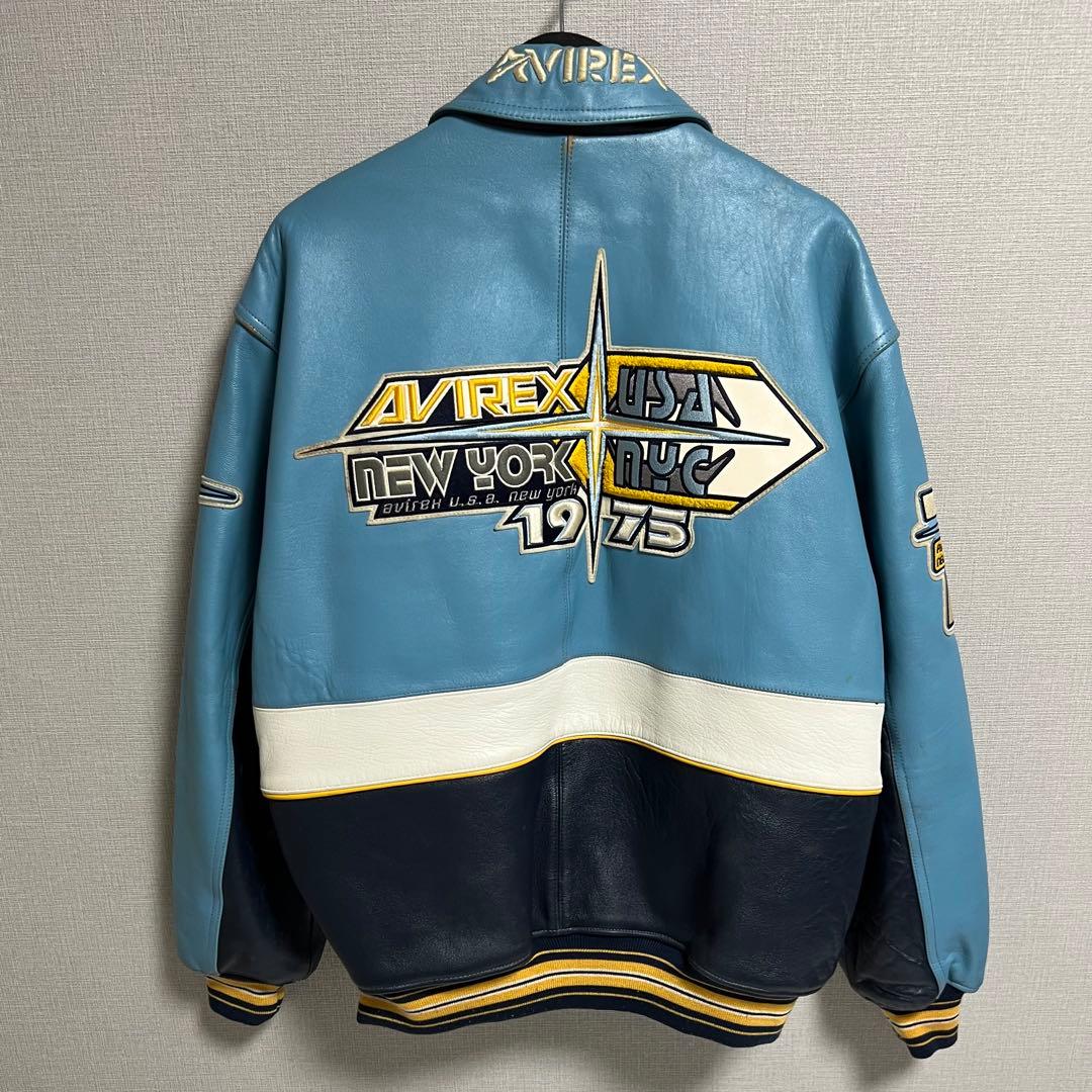 AVIREX レザージャケット スタジャン 水色 ネイビー - メルカリ