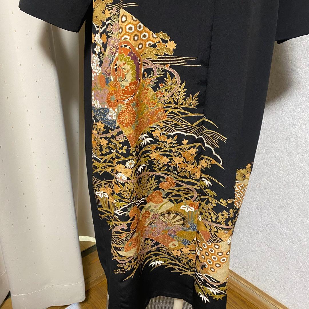 《LL 119cm》黒留袖リメイク ヨーク切り替え 七分袖 シンプルワンピース