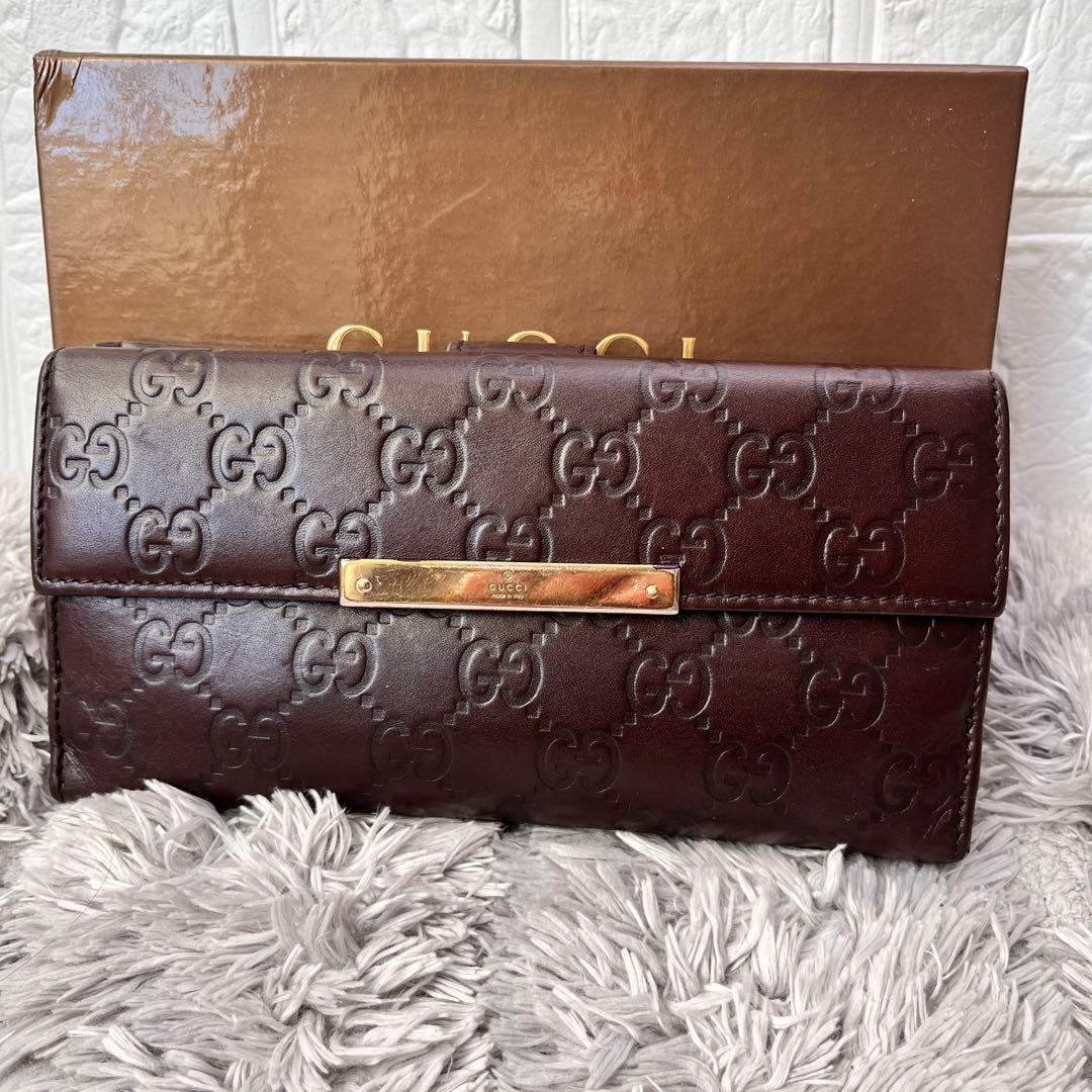 良品✨GUCCI シマ　長財布　ダークブラウン　ロゴプレート　Wホック グッチシマ グッチ 財布 GUCCI 長財布 札入れ 小銭入れなし メンズ