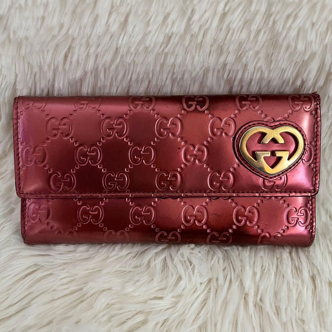 GUCCI ラブリーハート グッチシマ ピンク エナメル 長財布 - メルカリ