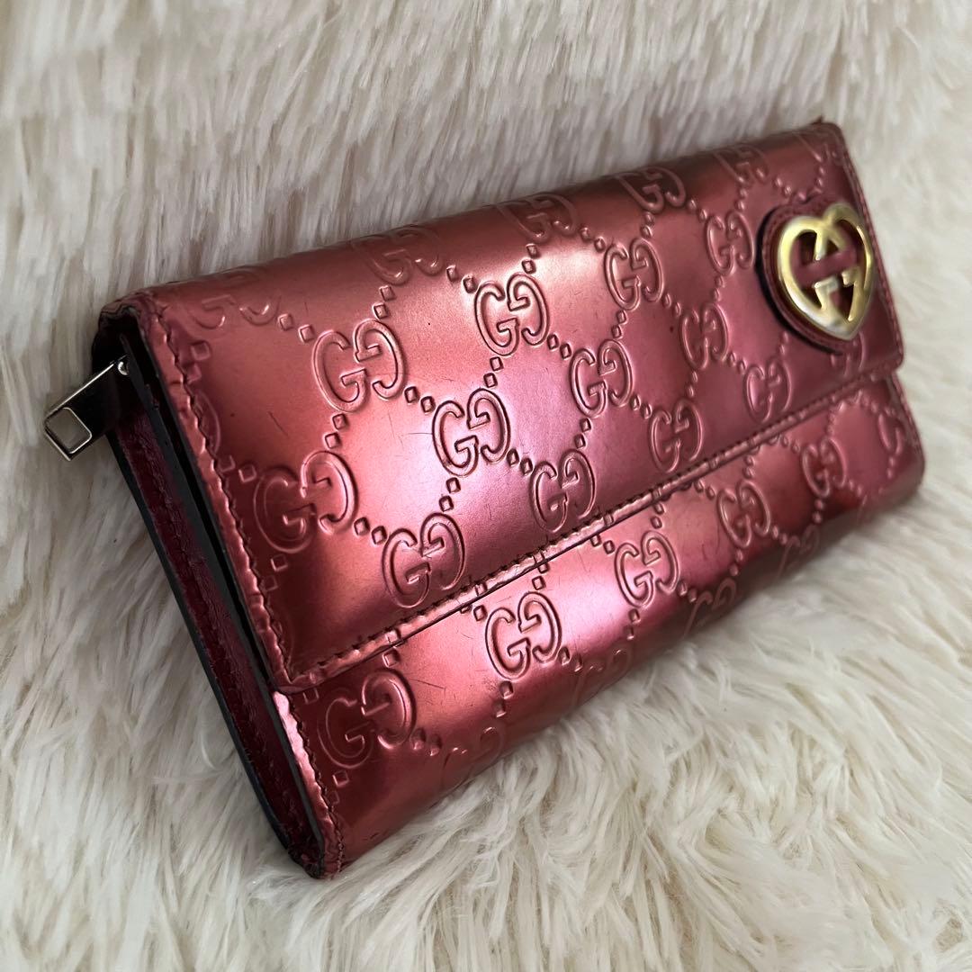 GUCCI ラブリーハート グッチシマ ピンク エナメル 長財布 - メルカリ