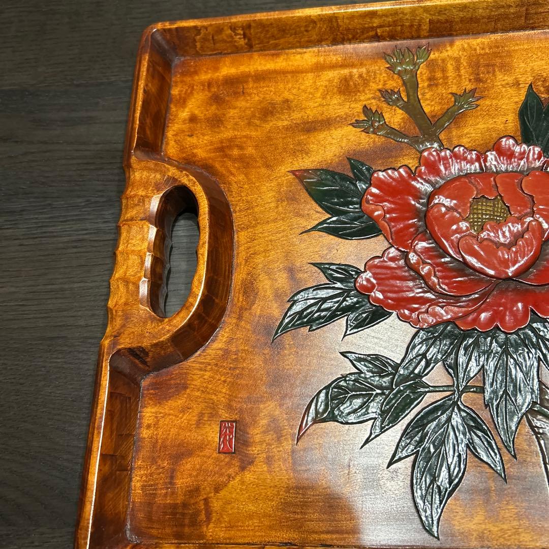香川漆器 天然木 長手盆 牡丹 落款入 年末年始に！！