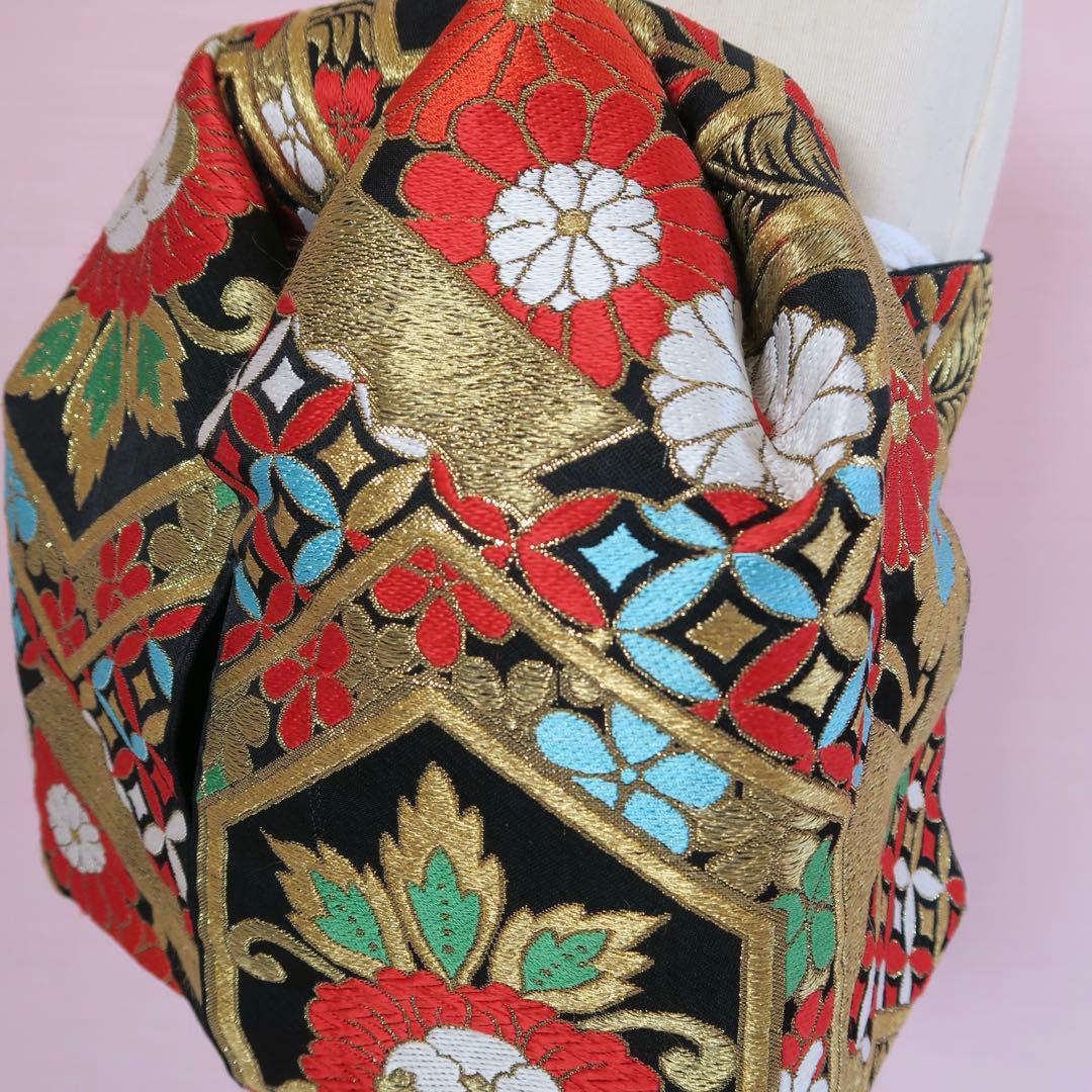 七五三 作り帯 アンティーク帯リメイク 黒地×赤金 古典花文様｜文庫｜一点