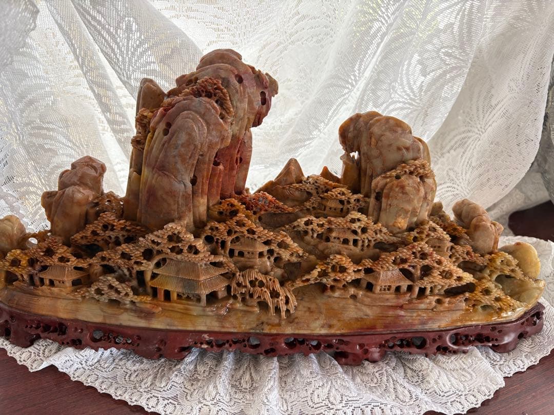 中国翡翠 彫刻 風景 船 山景色　置物　アート　40cm 1030165122_6721e57a9eb61.jpg