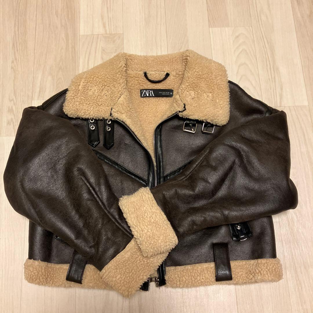 ZARA ブラウン フェイクレザーボアジャケット S - メルカリ
