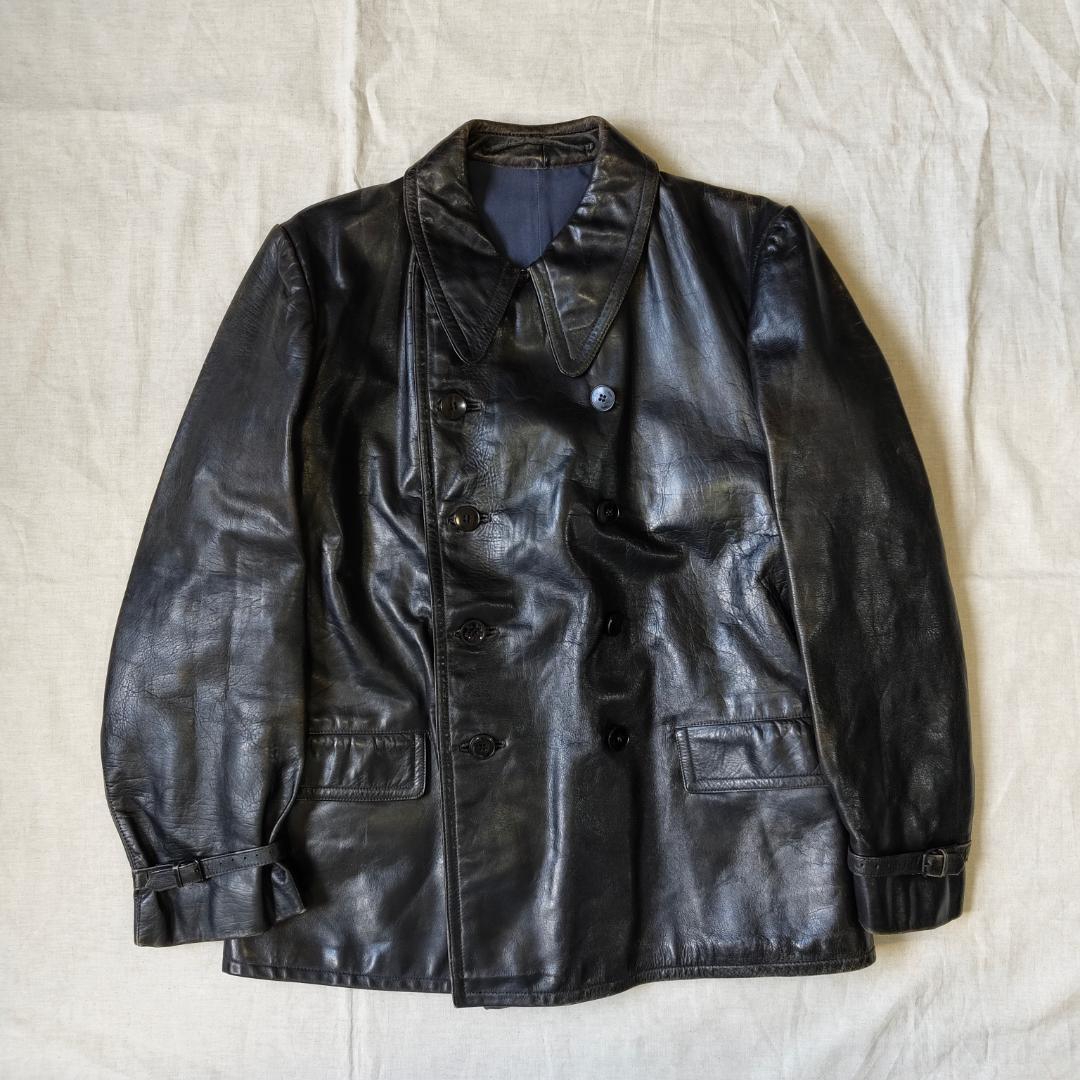 50s 60s フランス レザージャケット カーコート コルビジェジャケット 黒 名品 フランス ビンテージ レザー コルビジェ ジャケット L〜XL相当