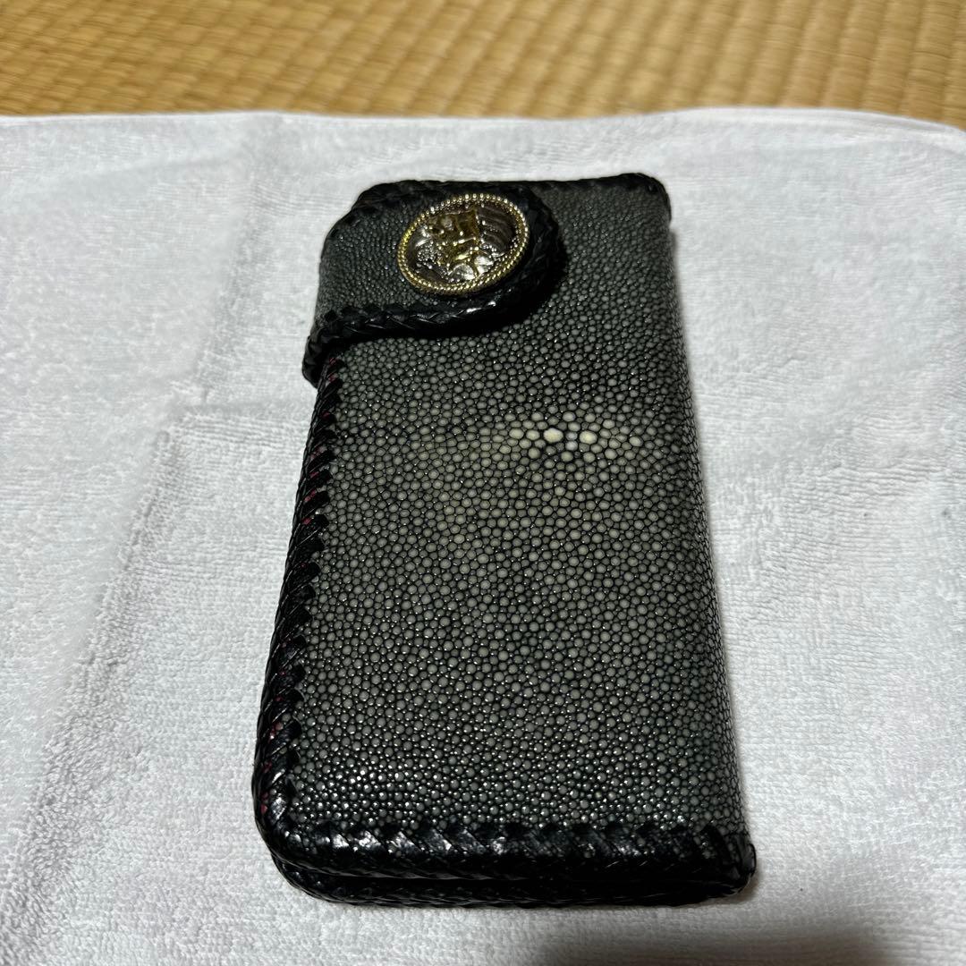 スティングレイ　(エイ革) レザー 長財布 黒ハンドメイド スティングレイ・エイ革長財布/キャビアブラック/ブラックレース編み