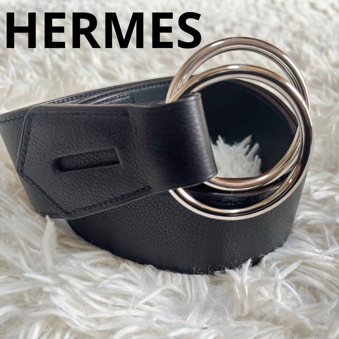 【極美品】エルメス　レザーベルト　ダブルリング　J刻印　ブラック×シルバー エルメス HERMES ダブルリングベルト シルバー金具 レザー ダーク