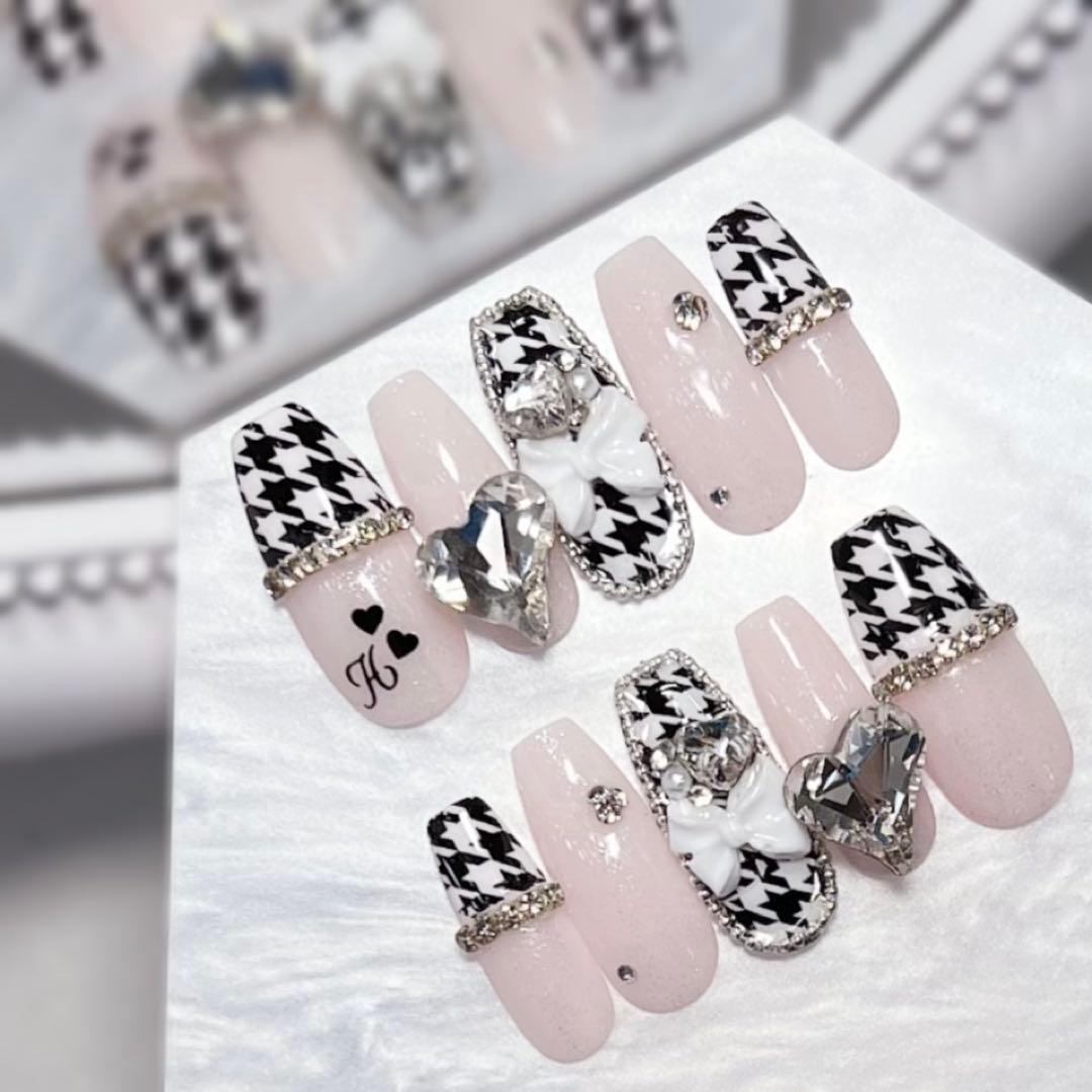 ネイルチップ 千鳥柄ネイル 量産型 オタクネイル スナ系 リボン ハート