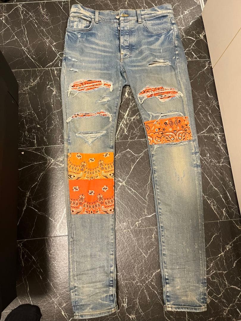 Amiri パッチデニム オレンジ バンダナ 大人気！】AMIRI☆パッチワークバンダナジーンズインディゴ (AMIRI