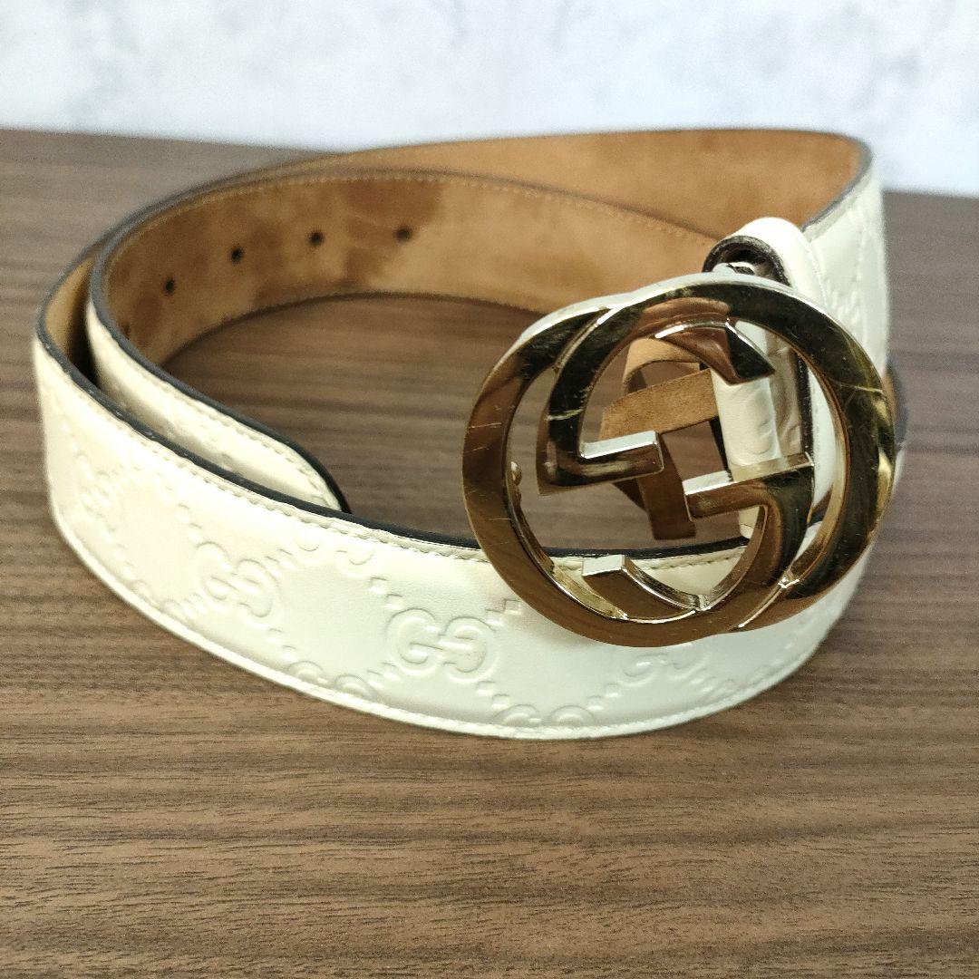 GUCCI グッチ インターロッキングG ベルト ホワイト インターロッキングG バックル付き リバーシブル レザー ベルト