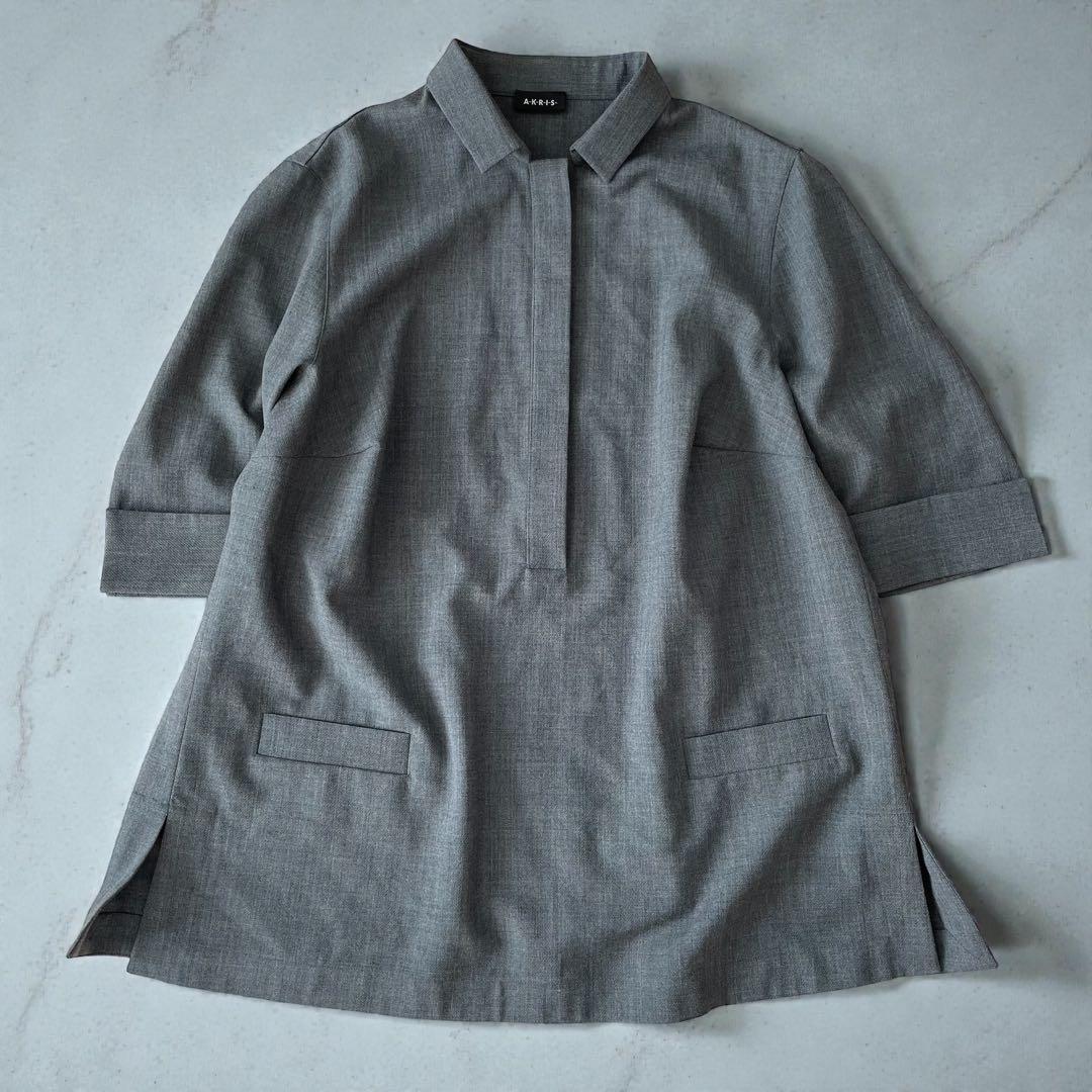 美品✨AKRIS アクリス 高級ウール　チュニック シャツ　グレー　xl
