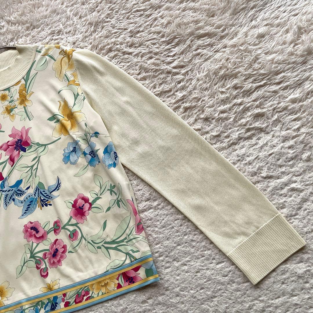 美品【大きいサイズ42】レオナール サマーニット 花柄 トリム 異素材