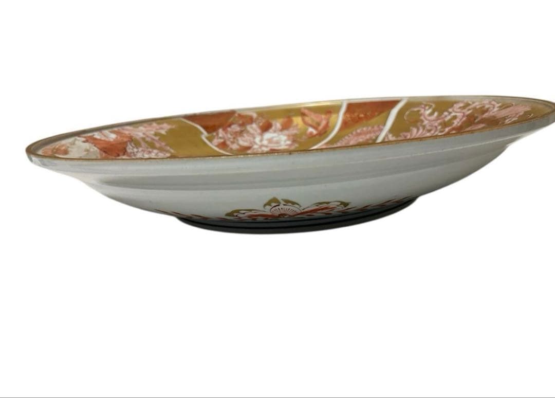 九谷焼 春仙作】金彩色絵大皿 三面構図 共箱付 萬延元年 銘 中嶋屋喜右