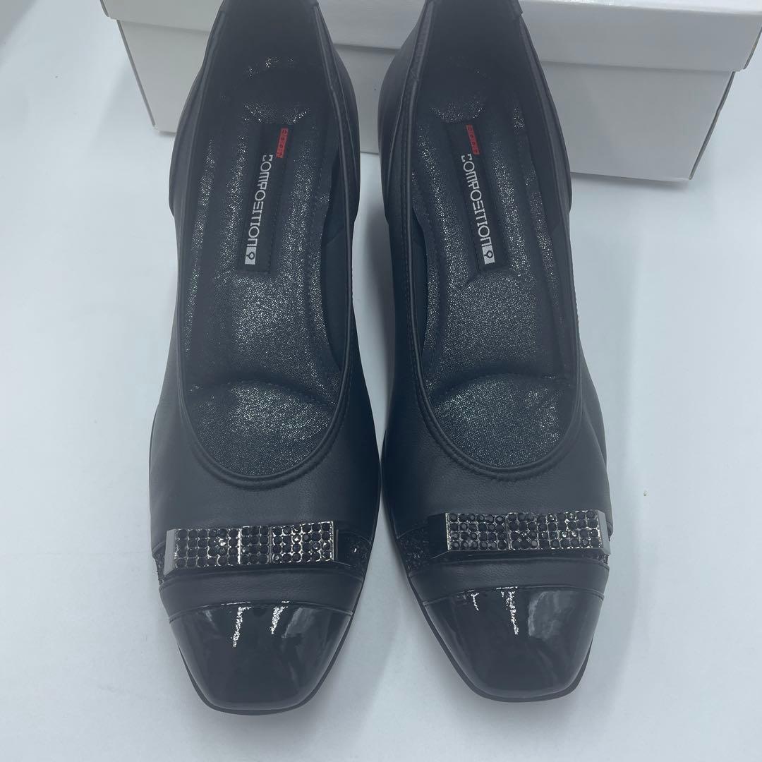 未使用』コンポジション9 パンプス リボン ブラックスエード 四角