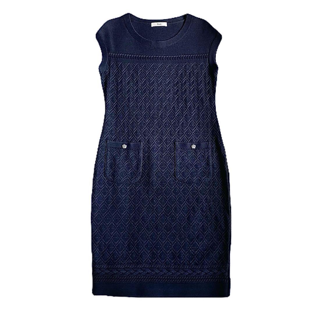 René ルネ ニットワンピース カメリアボタン 濃紺 34 ダイヤモンド柄
