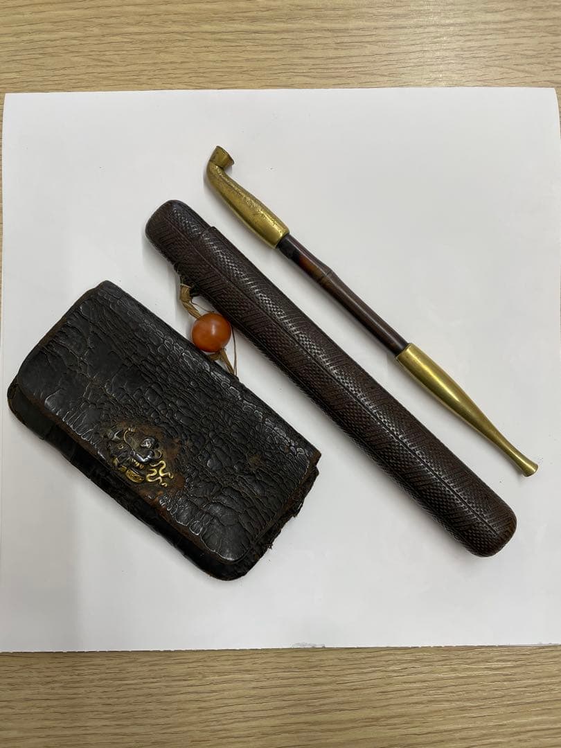 煙管】 煙草入 煙管筒 金口 細工 彫刻 一式 骨董 アンティーク 時代物