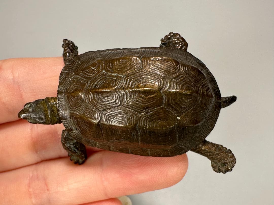 銅製 はた 在銘 亀 カメ 置物 頭尾可動式 鼈 細密細工 煎茶
