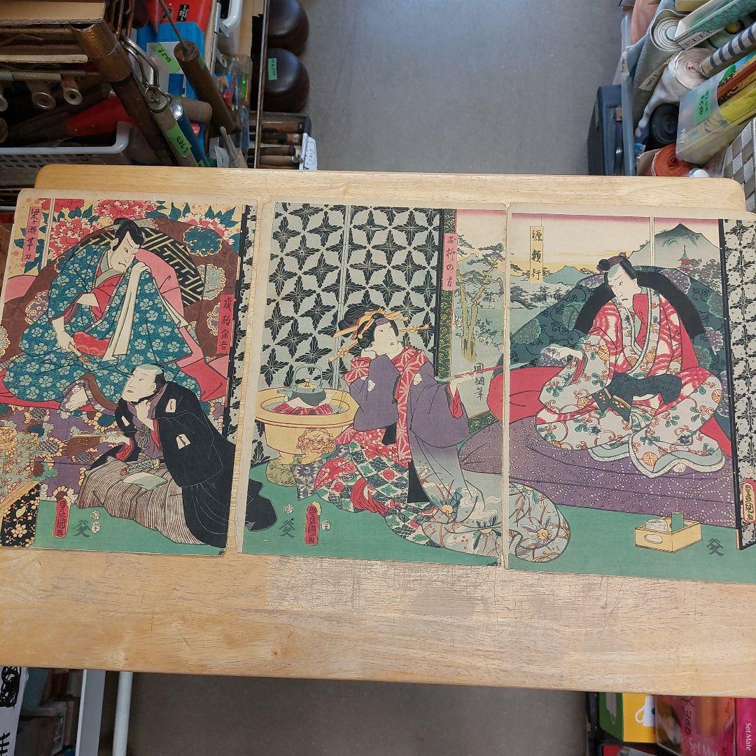 伝統的浮世絵 版画 3点セット 歌川豊国 古物 傷 汚れあり アンティーク 歌川豊国（三代）が描く、江戸の四季と花卉の美：錦絵帖が誘う日本の