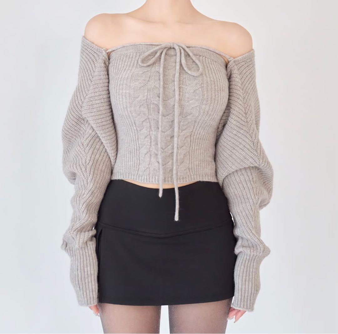 YILON MADE Cable knit bolero bare set